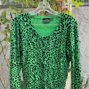 Bright green and black leopard spot pinup style cardigan. Nice fabric.